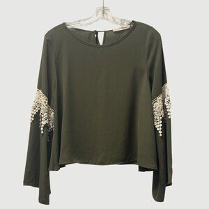 Altar'D State, Women's Top, Olive Green,  Lace Accent Sleeve, Women Medium